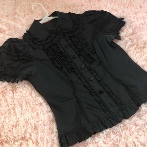 BODYLINE - Black Frilled Blouse w/ Heart Buttons - S